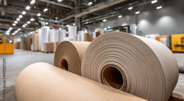 Fototapeta Industrial rolls of beige and off-white paper in a large factory