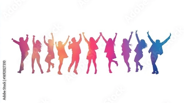 Fototapeta Silhouette illustration of people dancing at a party with a group of friends, isolated on white background