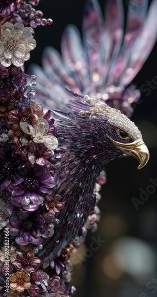 Fototapeta Close-up of a sculpted eagle, adorned with amethyst and  floral details