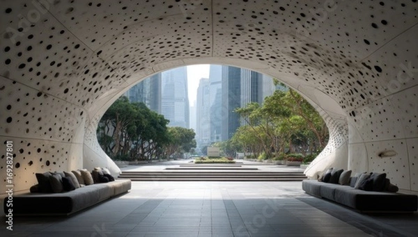 Fototapeta Modern tunnel-like lobby,  perforated facade.  Cityscape beyond