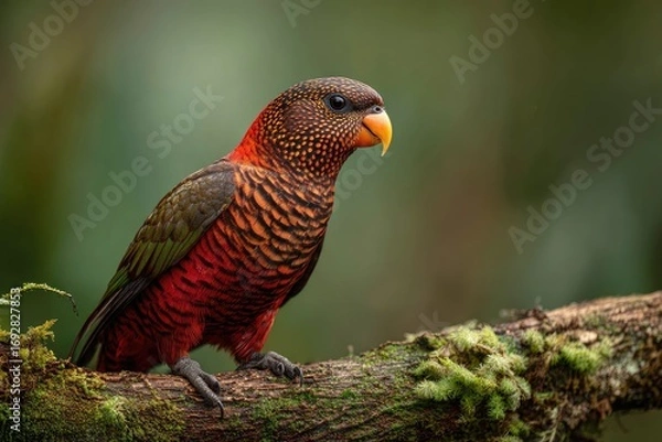 Fototapeta Close-up of a vibrant parrot perched on a mossy branch