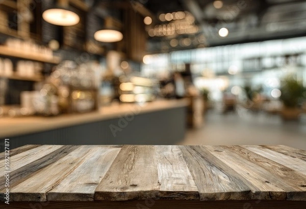 Fototapeta Rustic wooden table top in front of a blurred cafe interior