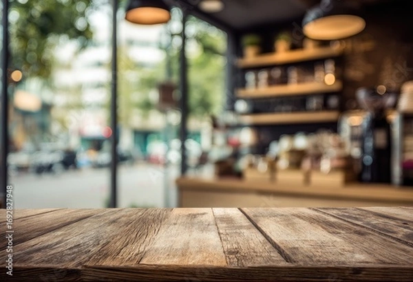 Fototapeta Empty wooden table in front of a blurred cafe.  City view through large windows