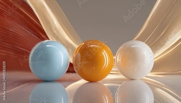 Fototapeta Three glossy spheres, light blue, orange, and white, sit on a reflective surface, in a modern, abstract setting with flowing, warm colored lines