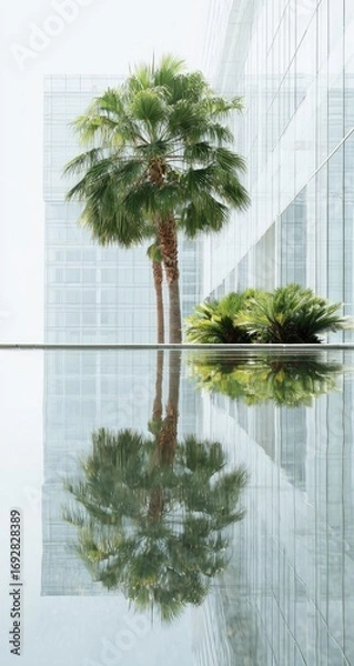 Fototapeta Palm trees reflected in a glassy pool, modern building backdrop