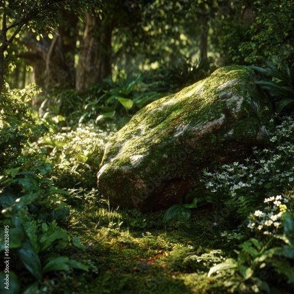 Fototapeta Lush forest floor with mossy rock. Sunlight filters through trees