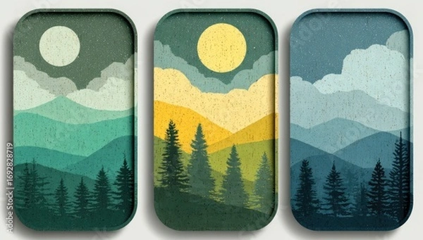 Fototapeta Three layered landscape art pieces.  Each features stylized mountains, forests, and sky elements in muted, earthy tones, evoking a sense of tranquility.  A textured paper effect is applied.