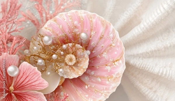 Fototapeta Delicate seashells, coral, and pearls in pastel pinks and creams