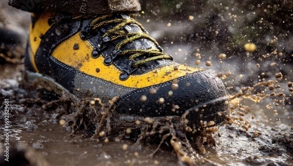 Fototapeta Hiking boot stepping through muddy puddle
