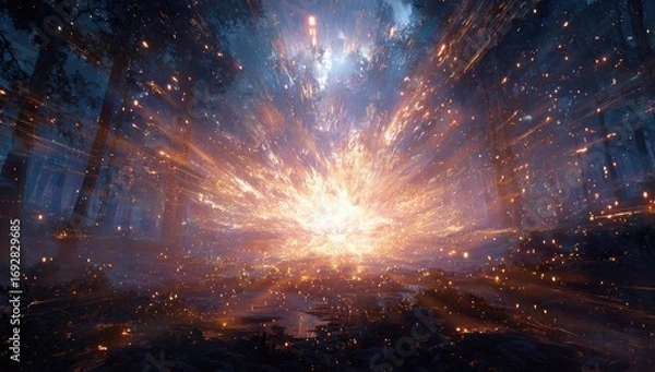 Fototapeta Mystical forest explosion.  Radiant energy bursts through a dark wood.  Streaks of light emanate from a central fiery point.  Magic, glowing particles litter the ground and trees.