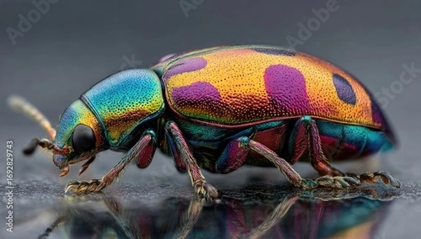 Fototapeta Vibrant iridescent beetle, showcasing a stunning array of colors including teal, gold, orange, and magenta.  Close-up, reflective surface