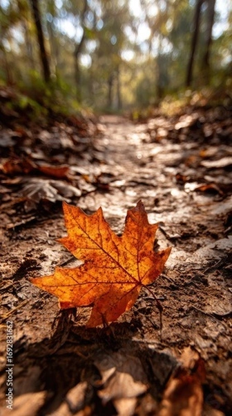Fototapeta Golden leaf on a forest path, sunlight streams, autumn season