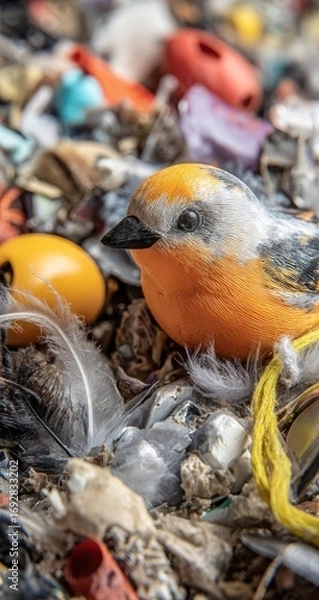 Fototapeta A small, orange-and-white bird figurine nestled amidst a cluttered heap of discarded plastic, feathers, and other debris