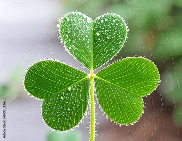 Fototapeta Close-up of a vibrant clover leaf in the rain