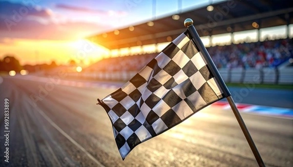 Fototapeta Checkered racing flag at finish line of racetrack.