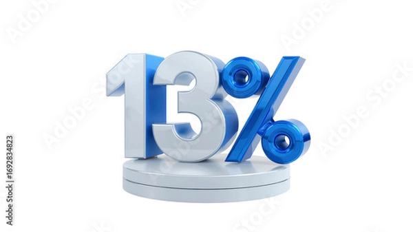 Obraz 3D Render of 13 Percent Discount Sign, Blue and Silver Number on White Pedestal