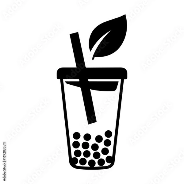 Obraz Boba Drink with Leaf and Straw: Symbol of Refreshing Bubble Tea