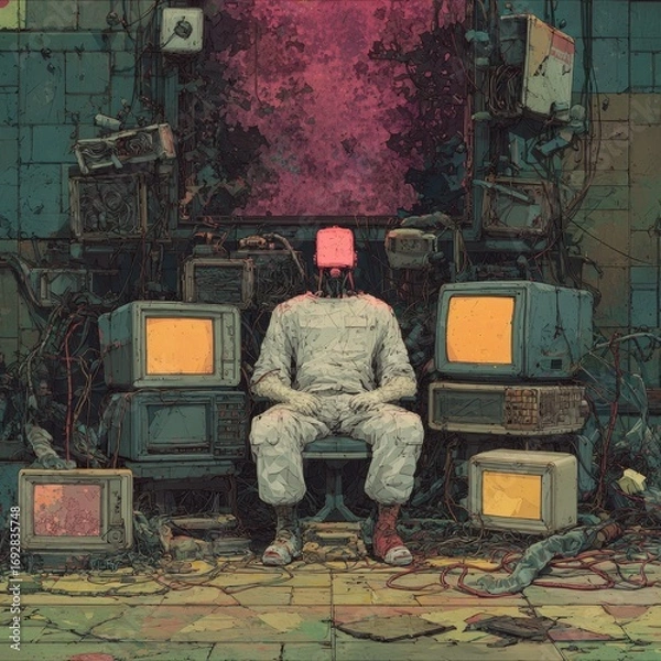 Fototapeta A figure in a white suit sits amid a cluttered, post-apocalyptic room, surrounded by vintage electronics.  Pink-hued light illuminates a central area