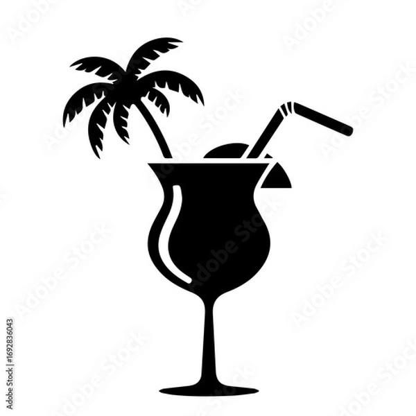 Obraz Tropical Cocktail with Palm Tree and Straw: Symbol of Relaxation