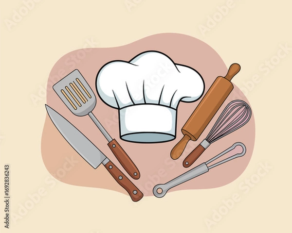 Fototapeta Flat vector illustration of baking utensils, including a chef's hat, knife, whisk, and rolling pin