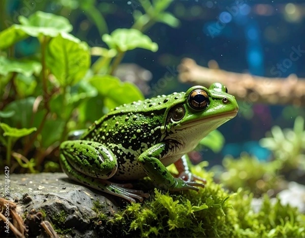 Fototapeta Close-up of a vibrant green frog in a lush terrarium