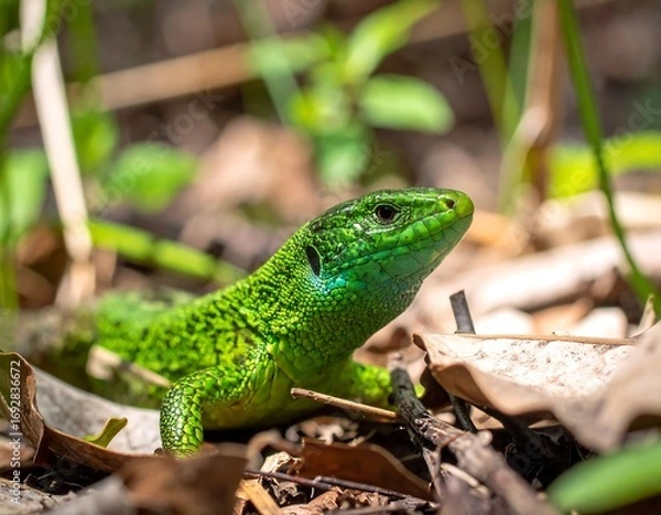 Fototapeta Close-up of a vibrant green lizard on forest floor