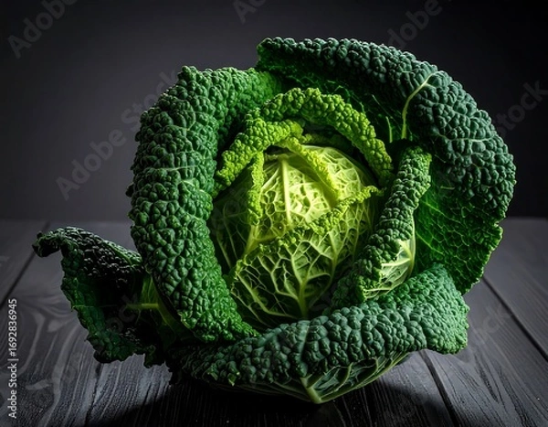 Fototapeta Close-up of a vibrant green savoy cabbage on a dark wooden surface