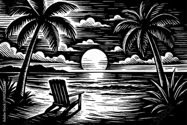 Obraz Engraved illustration of sunset over the ocean with palm trees and a beach chair
