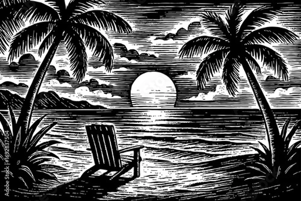 Obraz Beach Scene with Palm Trees, Chair, and Sunset in Black and White Engraving Style