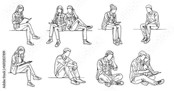 Obraz Set of diverse people sitting and using electronic devices in detailed line art drawing style.
