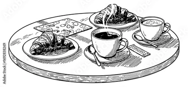 Obraz Breakfast Scene with Croissants and Coffee Mugs on Round Wooden Tray in Black and White Line Art