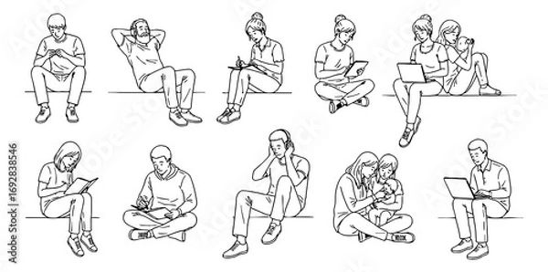 Obraz Line Art Illustration of People Sitting and Relaxing with Different Activities