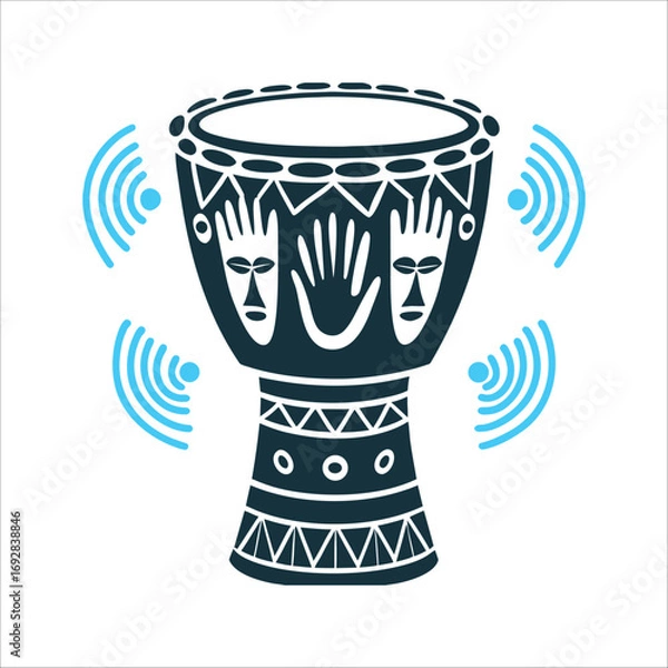 Fototapeta Sacred Ingoma Drum with Ancestral Faces and Sound Waves Sacred Drum Ingoma Drum with a handprint sound waves forming ancestral faces