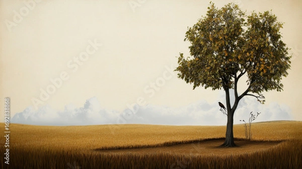 Fototapeta Golden hour field with elegant grain overlay solitary tree and bird perched on branch serene landscape soft light peaceful mood autumn colors open sky