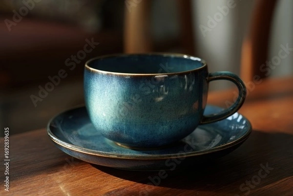 Fototapeta Beautiful blue ceramic cup and saucer on a wooden table with soft natural light in the background
