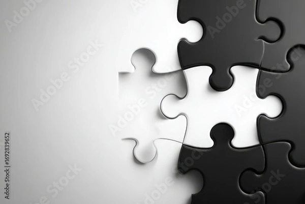 Fototapeta Black and white puzzle pieces fitting together, symbolizing unity and diversity in design