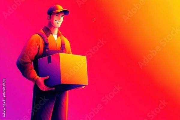 Fototapeta Cartoon delivery person smiling while holding a box against a vibrant gradient background