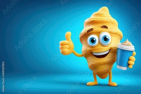 Fototapeta Cheerful animated croissant character giving a thumbs-up while holding a coffee cup against a blue backdrop