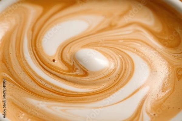 Fototapeta Close-up of a beautifully swirled latte art in a cup, showcasing creamy textures and rich colors