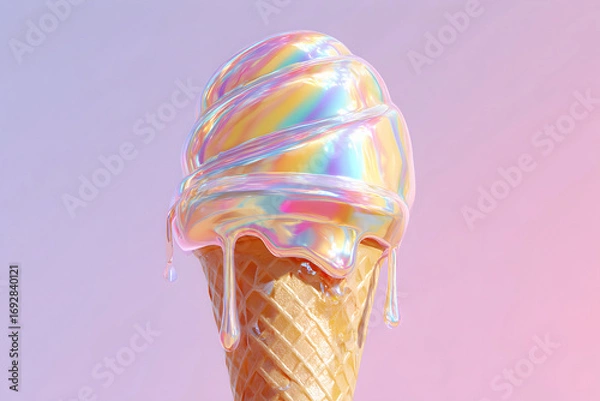 Fototapeta melting iridescent ice cream swirl on waffle cone, pastel backdrop
