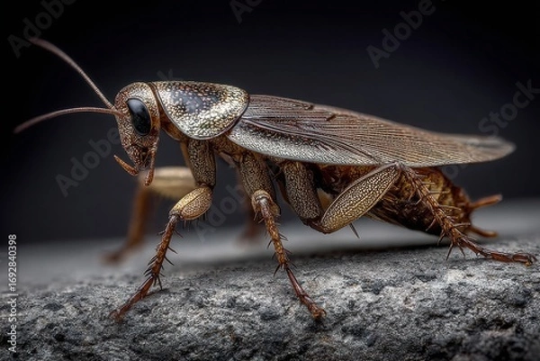 Fototapeta Close-up of a brown cricket perched on a textured surface with a blurred dark background