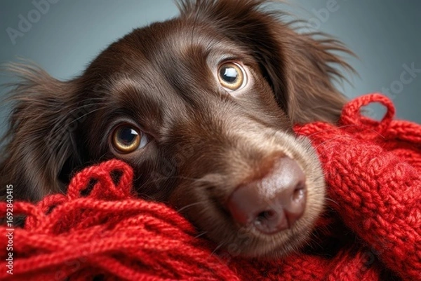Fototapeta Close-up of a brown dog resting with a red knitted scarf, creating a cozy atmosphere