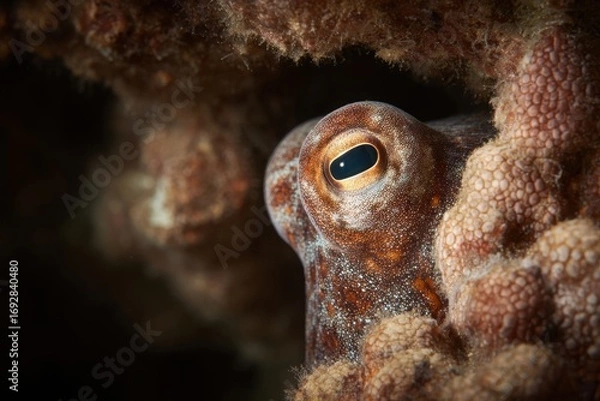 Fototapeta Close-up of a camouflaged octopus nestled among coral, showcasing its unique features in a vibrant underwater habitat