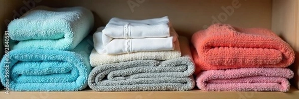 Fototapeta Freshly laundered and folded clothes neatly stacked on a shelf, ready for the week ahead A concept of organized, clean laundry and effortless grooming , lifestyle, wardrobe