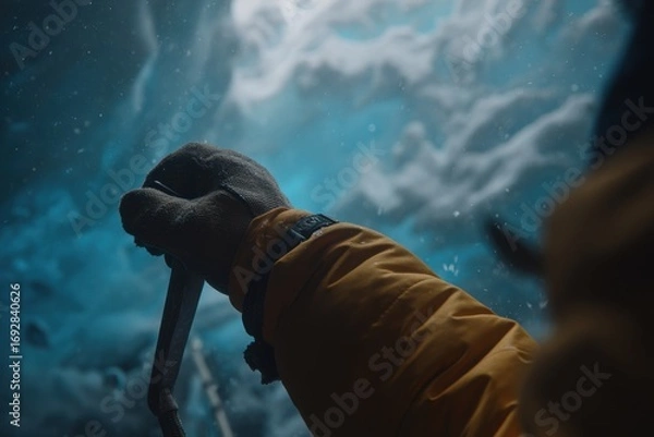 Fototapeta Close-up of a climber's hand holding an ice tool against a stunning glacial backdrop