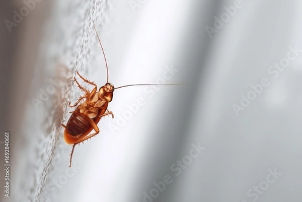 Fototapeta Close-up of a cockroach climbing on a textured wall, showcasing its detailed anatomy and environment