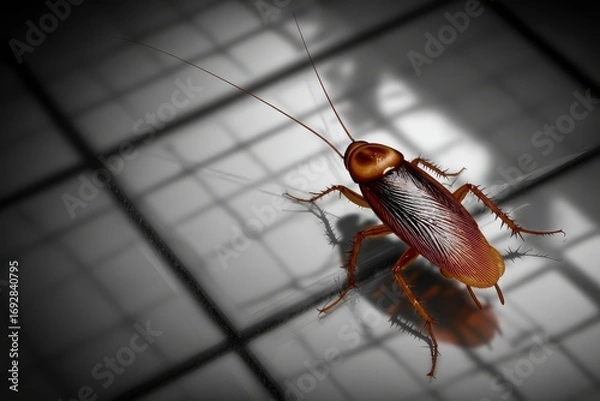 Fototapeta Close-up of a cockroach on a reflective surface with grid patterns in the background