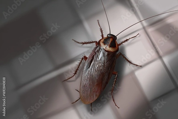 Fototapeta Close-up of a cockroach on a textured surface with soft light and shadows, highlighting details