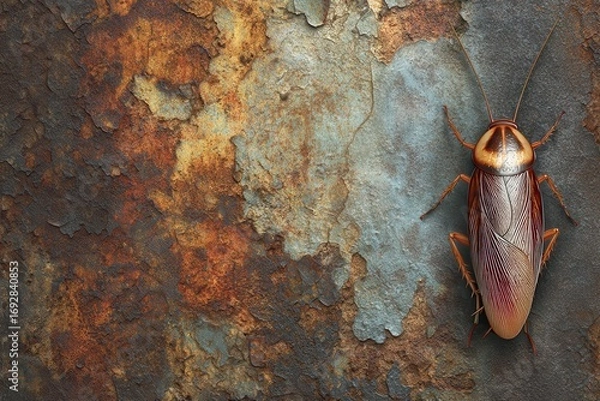 Fototapeta Close-up of a cockroach on a textured, rusted surface showcasing its details and colors