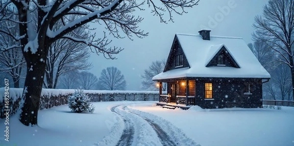 Fototapeta Dark grey slate rooftop under a heavy winter snowfall, icy branches overhead, serene winter landscape , atmospheric, serene, blizzard
